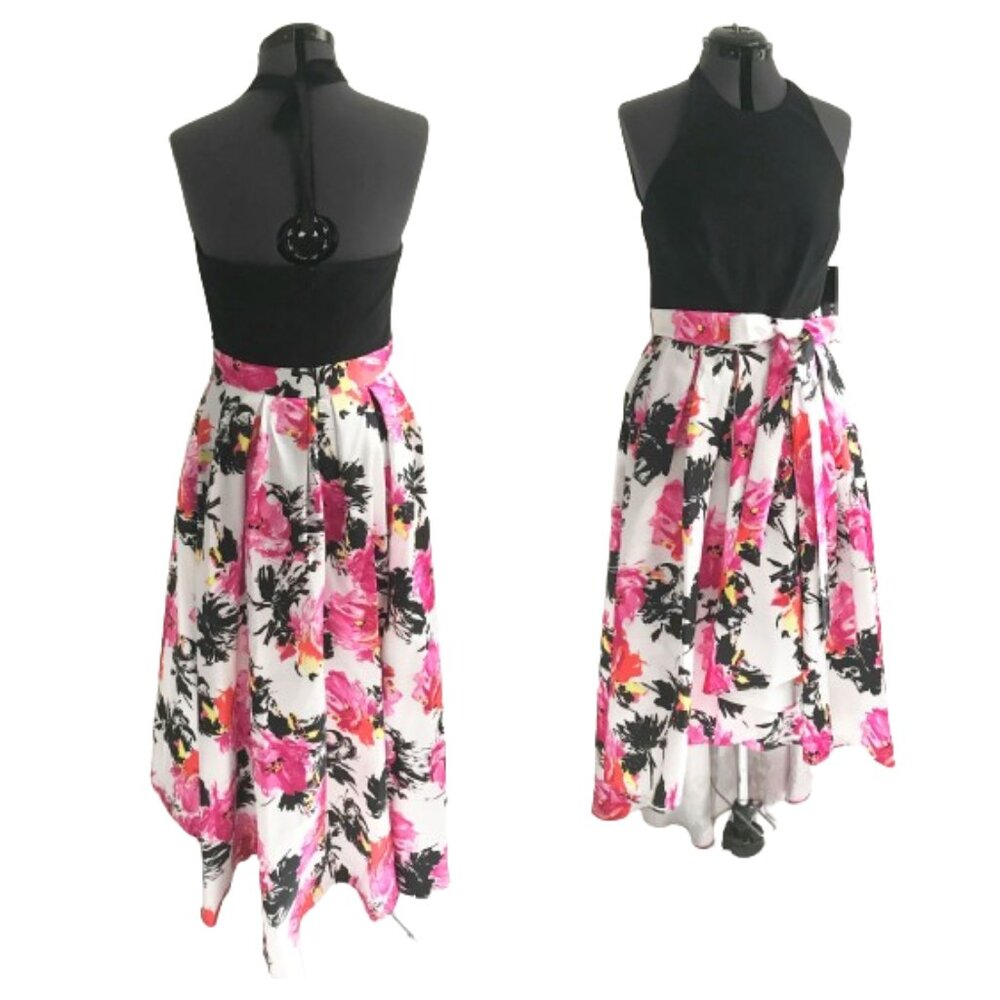 CHETTA B Size 10 High Low Hem Floral Gown Dress Prom, NWT Black White Pink